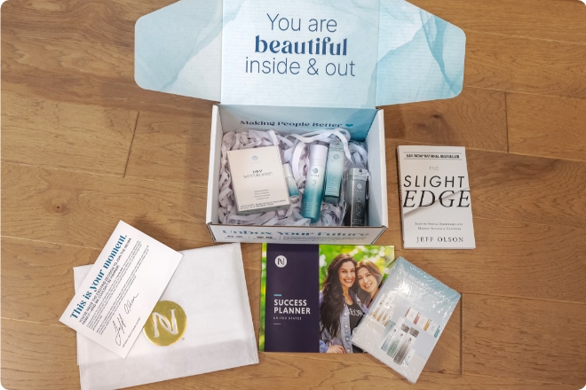Neora Enrollment Welcome Box with Enrollment Kit and this month's FREE Pre-boarding Bundle.